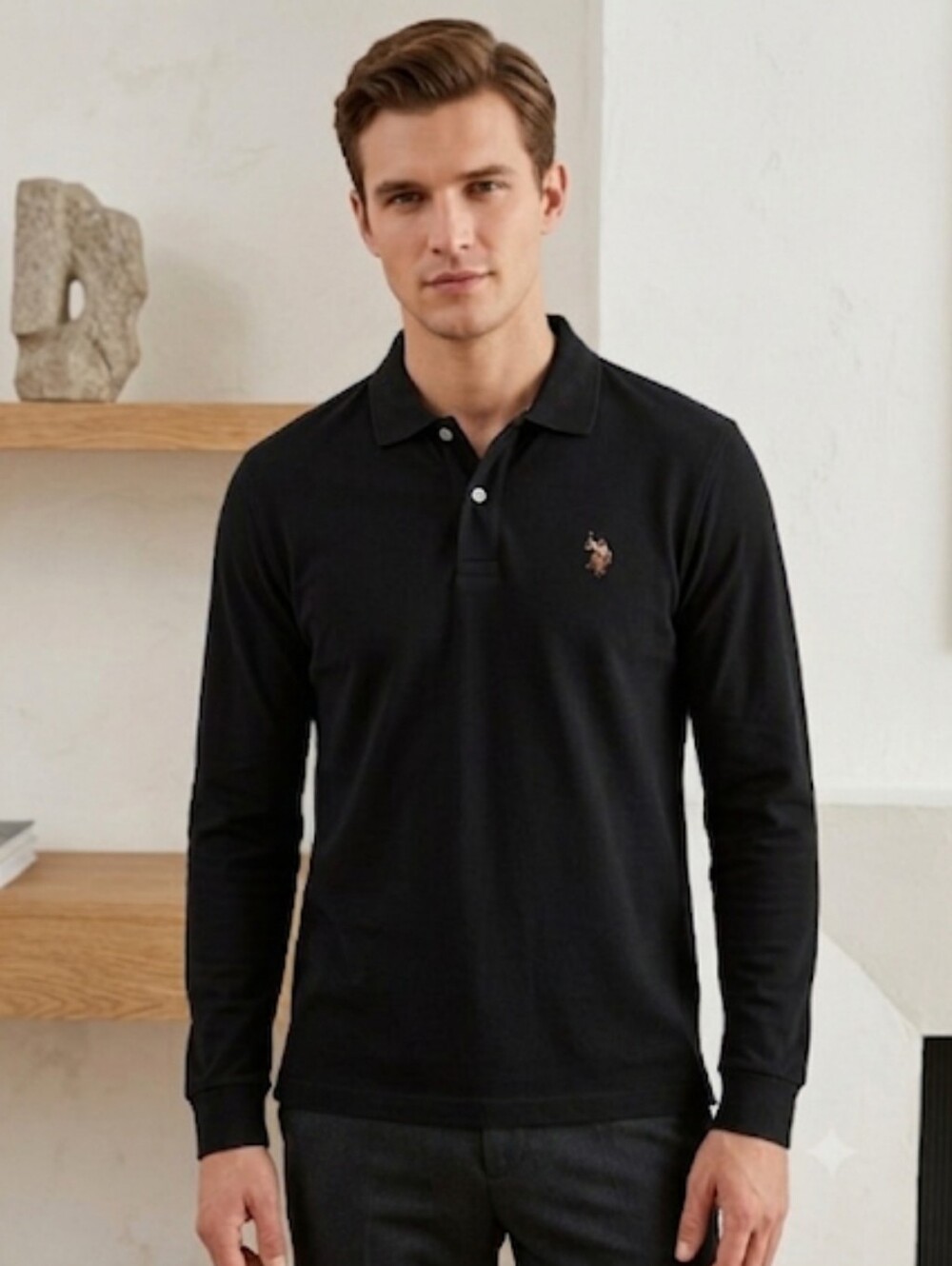 U.S Polo Assn. Black Long Sleeve 100% Cotton Collared Lightweight Polo Shirt SzM
